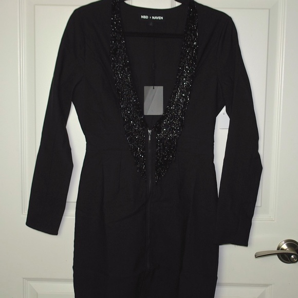NWT NBD X NAVEN Millie Beaded Plunge Neck Zip Front Black Mini Dress Size Small - Picture 3 of 7